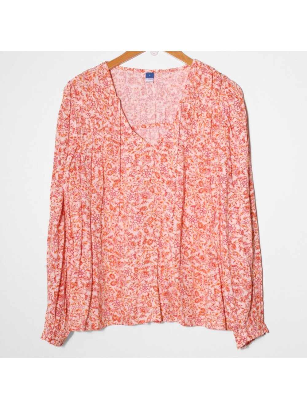Old Navy Tie Neck Floral Boho Peasant Poet Swing Blouse Top Flowy Peach Size L
